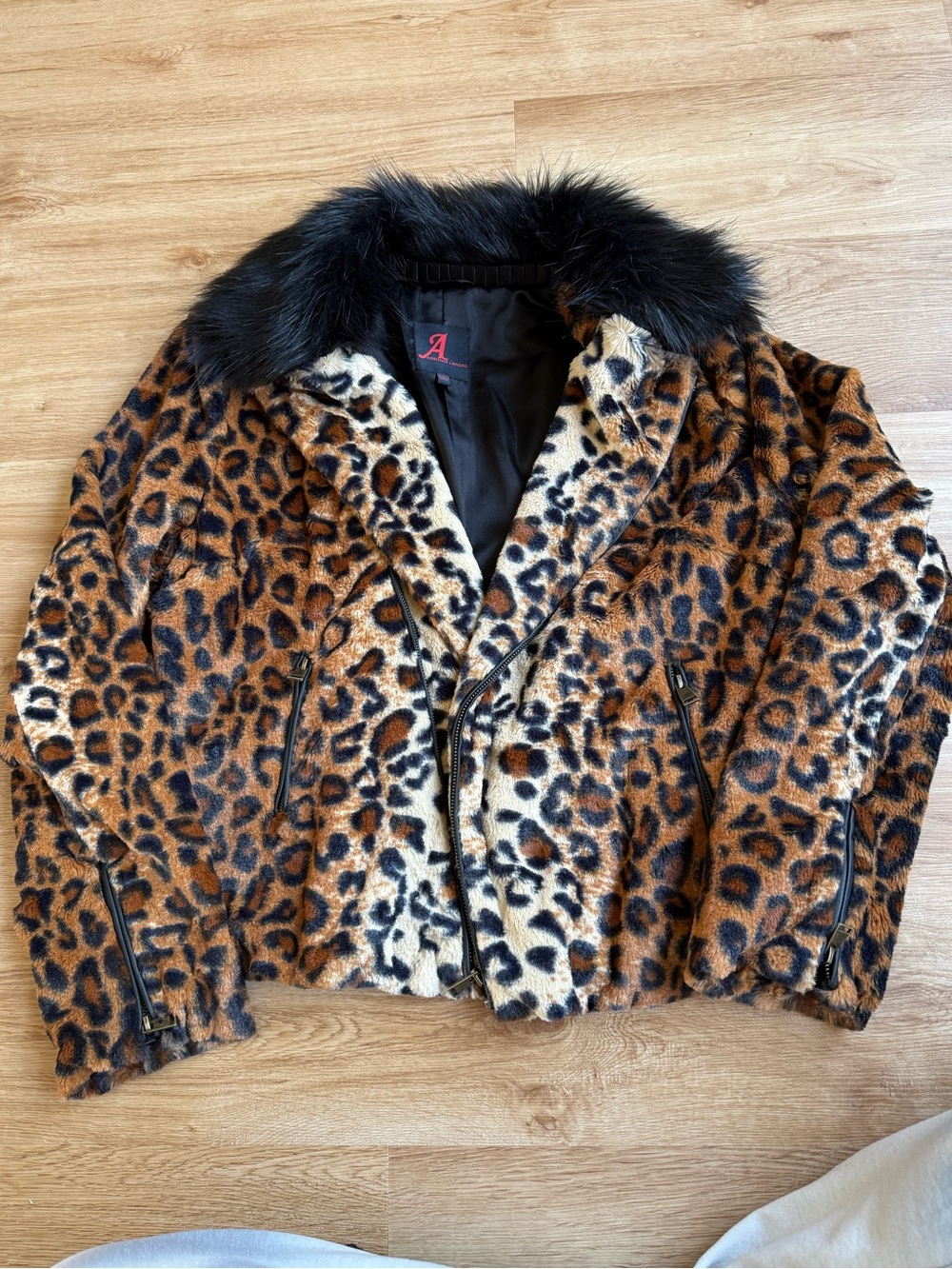 Adrienne Landau Leopard Print Faux Fur Biker Moto Jacket Black Fur Collar Large